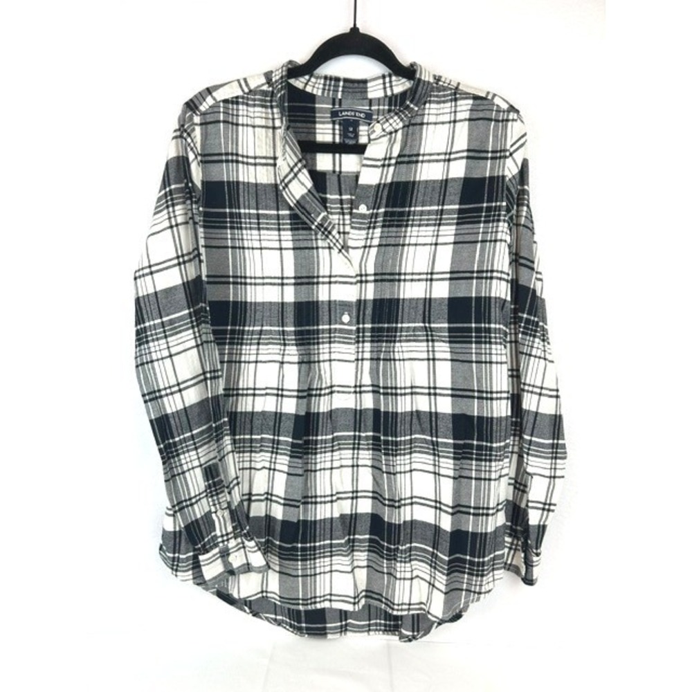 Lands' End Flannel Shirt Black White Plaid Pintuck Women Size 12